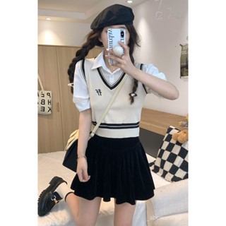 【桃園發貨免運】❥熱賣❥學院風針織短袖假兩件襯衫上衣女夏季polo領設計感撞色減齡T恤ins MVNJ