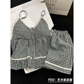 ✅最新款式💖韓系甜辣風格子黑白格蕾絲花邊吊帶睡衣套裝女夏季2025新款家居服