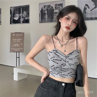 小紅書推薦💕褶皺印花吊帶背心性感字母氣質外穿上衣無鋼圈小細帶短款打底抹胸 XNWR