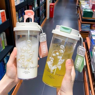 臺灣出貨#吸管水盃夏季高顔值鈴蘭花塑膠盃雙飲咖啡盃 車載大容量800ml 耐摔水壺 提手盃 搖搖杯 運動水壺