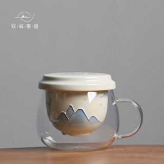 手繪山水茶杯茶水分離玻璃杯草木灰陶瓷辦公室水杯帶蓋過濾馬克杯擺件 ins風 裝飾 飾品 生日禮物 情人節 禮物