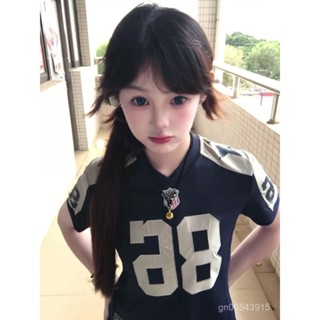 🚚臺灣出貨 美式球衣 短袖球衣 美式足球服 復古球衣 棒球衣 辣妹複古撞色V領短袖T恤女INS顯瘦運動上衣