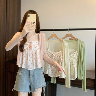 鹿小姐✨吊帶上衣女 森係碎花吊帶背心 夏季甜美上衣套裝 簡約長袖防曬開衫外套+小吊帶 兩件式女生套裝 女裝