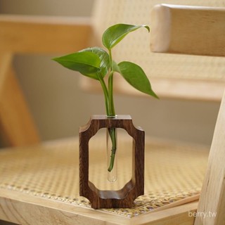 🌸美化家庭裝飾 實木創意花瓶 南美衚桃木木質水培玻璃養植器辦公室書桌桌麵簡約高顔值迷你擺件 玻璃花瓶 花瓶 藝術擺件 F