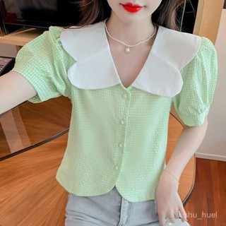 喜約時裝女裝店⭐臺灣出貨短袖襯衫女夏季薄款2025年新款泡泡袖法式別緻短款娃娃領格子上衣