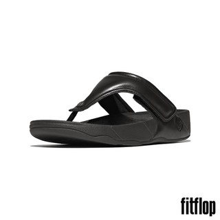 【FitFlop】TRAKK II 可調式軟墊皮革夾腳涼鞋-男(黑色)