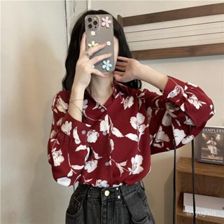 【臺中💯免運出貨】複古印花長袖港味襯衫女秋季新款寬鬆中長款防曬衫碎花上衣潮 YW2H