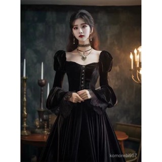 秋季穿搭高階感小黑裙宮廷風複古黑色絲絨禮服高階精緻絶美連衣裙 婚禮、派對、生日、宴會、年會禮服 WAWA
