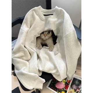 【Fafa】๑高階小眾日係趣味貓咪印花 圓領大學T 衛衣女 大學t 女生上衣 情侶長袖大學T 秋冬衣服 刷毛 薄款可選