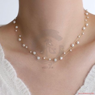 法式雙層珍珠鎖骨項鍊 適合洋裝禮服 18K鍍金 不銹鋼鈦鋼 女生飾品 日系 晚宴 伴娘 婚禮-v031314