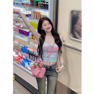 🔥新店特惠🔥 藍色背心吊帶女 夏季短款打底衫字母印花上衣外穿內搭小眾 吊帶背心 吊帶 背心女 無袖背心