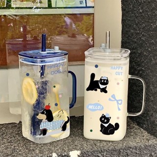 ✨ 臺灣熱銷 玻璃杯ins高顏值耐高溫家用方形牛奶杯子帶把手吸管杯上班族女生高顏值辦公杯 馬克杯 居家杯 爆款杯子