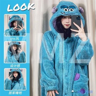 2023ins風小怪獸睡袍珊瑚絨睡衣女長款睡袍女冬可愛浴袍加厚大眼仔