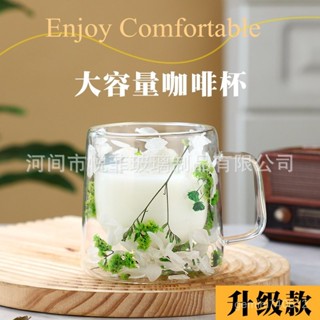 免運 臺灣出貨 居家水杯 新品網紅真花雙層防燙透明耐熱玻璃咖啡杯卡布奇諾把手馬克杯 VAAU