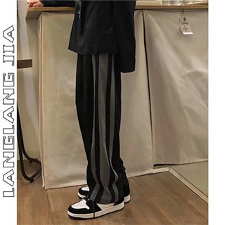 【Mylive】條紋闊腿褲女學生韓版寬鬆顯瘦運動褲春夏季高腰垂感直筒休閒褲潮 休閒長褲 女褲