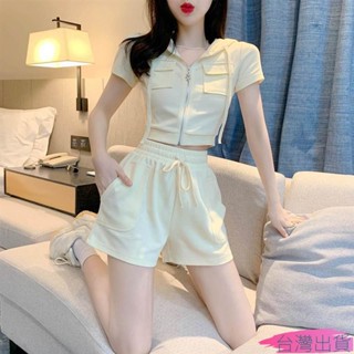女生衣著 夏季 上衣+褲子 兩件套 網紅 時尚 連帽 上衣 抽繩 鬆緊腰 短褲 休閒 運動 套裝 韓式穿搭 氣質女神14