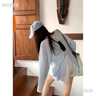 ✨臺灣出貨✨ t恤 上衣 女裝 短袖 短袖上衣 女生上衣 秋季新款條紋露背薄款防曬罩衫長袖T恤女百搭寬鬆長袖上衣