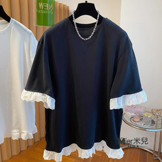桃園出貨✨短袖 T恤 蕾絲上衣 大尺碼上衣 韓係上衣 夏季女裝蕾絲棉220克特大碼100公斤荷葉蕾絲拚接短袖女 棉上衣女