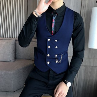 西裝馬甲 男士夾克 英倫潮流雙排扣男馬甲修身帥氣夜場發型師工作服西裝韓版馬夾背心 馬夾背心 商務外套