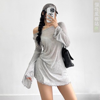 臺灣出貨 美式辣妹性感長袖斜肩上衣 夏季薄款慵懶風網紗透視一字領露肩上衣 木耳邊女生T恤 防曬罩衫微透寬鬆上衣外穿防曬上