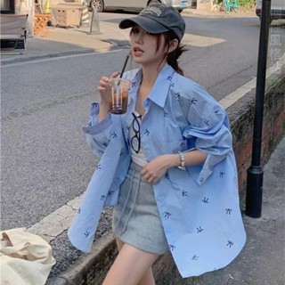 開衫 襯衫 女生上衣 蝴蝶結印花長袖襯衫女秋季新款polo領寬松中長款小眾防曬開衫外套 大尺碼女裝 長袖襯衫 薄外套