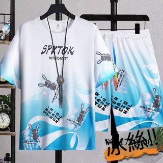 0981|夏季大碼男裝冰絲短袖套裝 寬鬆套裝 夏天套裝 圓領上衣+鬆緊腰短褲兩件套 男生套裝 休閒百搭運動套裝男