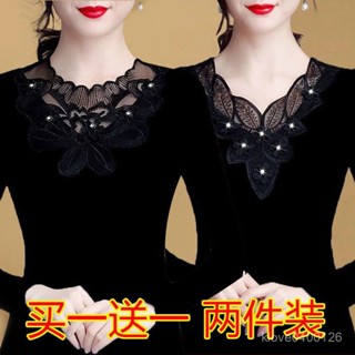 臺灣熱賣 潮流新款 薄款/加絨時尚保暖蕾絲網紗打底衫女裝加厚長袖大碼胖MM上衣T恤女 VKLT
