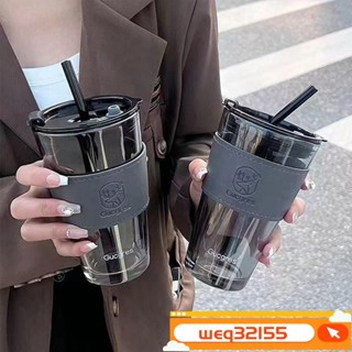 ✨臺灣出貨✨小鹿玻璃杯ins高顔值輕奢吸管杯便攜學生女情侶大容量杯子咖啡杯 AELN
