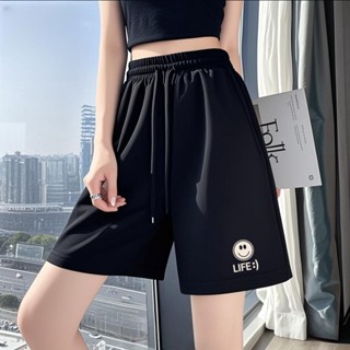 臺灣現貨五分短褲女 短褲女韓係短褲 杏色笑臉 直筒短褲夏季運動褲女生休閑簡約運動褲子女生短褲休閒短褲KU002