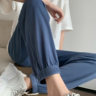 夏季冰絲運動褲女 百搭特大碼休閒長褲 夏季薄款休閒褲 情侶哈倫褲 束腳ins燈籠褲