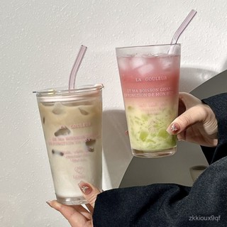 🍁限時下殺🍁冷水杯 吸管水杯 早餐杯子 大容量咖啡杯 玻璃杯帶蓋 水杯 吸管杯子 隨行杯 吸管玻璃杯 環保杯 英文玻 V