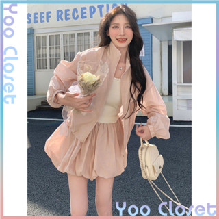 Yoo Closet|休閒套裝女 粉色短款上衣花苞裙套裝女 夏季甜美防曬衣半身裙兩件套 2件式套裝 小個子套裝 女生套裝