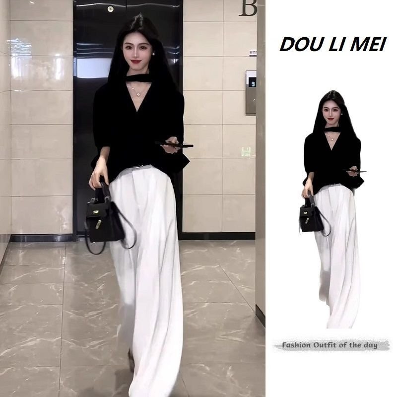 【時尚穿搭】臺灣發貨夏季大方得體穿搭高級感法式小資赫本風黑色上衣闊腿褲兩件套裝女0906 HQN7