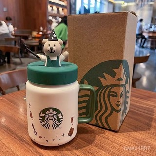 🔥臺灣出貨🔥星巴克杯子魔術師小熊梅森馬克杯帶蓋高顔值辦公室咖啡水杯陶瓷杯