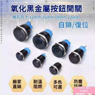 💥下殺價 免運💥黑色金屬 按鈕開關 3V-110V 防水 12/16/19/22mm 帶線 LED燈 自復無段 自鎖