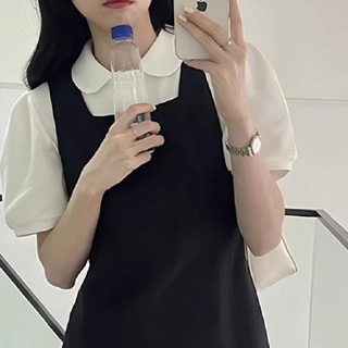學院風揹帶裙 連衣裙 洋裝 套裝 減齡學院風連衣裙兩件套夏新款大碼法式溫柔係襯衫背帶裙 韓係服飾 大尺碼服裝 多巴胺女裝