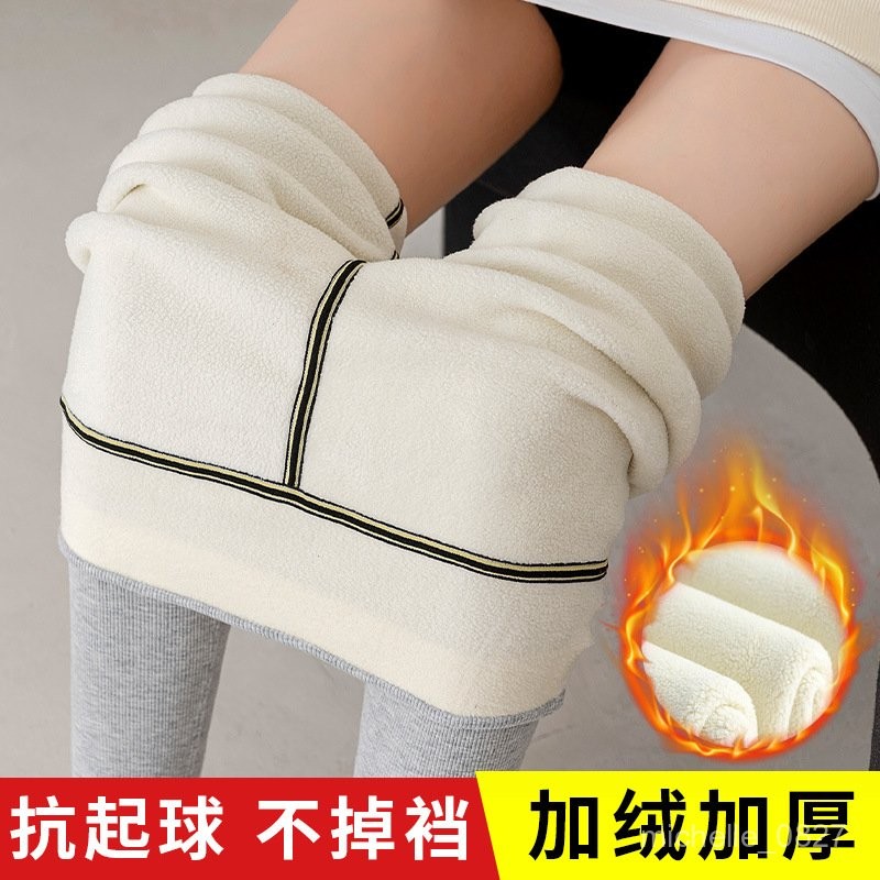 免運 臺灣出貨 加絨鯊魚褲 羊羔絨打底褲女螺紋豎條冬季加絨加厚保暖褲高腰收腹顯瘦九分褲子 SQ90