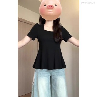 IF免運韓係百搭大尺碼收腰上衣大尺碼女裝方領短袖T恤上衣大碼顯瘦慾胖MM短袖新款夏季休閒收腰荷葉短袖遮肉上衣EU