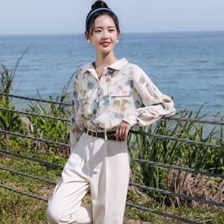 港風襯衫 復古襯衫 碎花襯衫 複古港風chic茶歇襯衫女秋季新款寬鬆長袖設計感日係初戀上衣