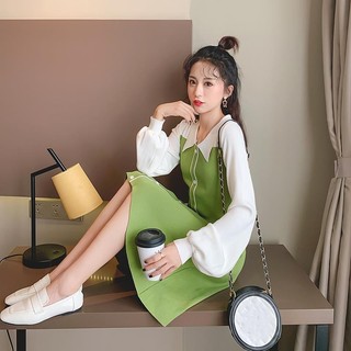 法式連衣裙 A字裙 洋裝 春秋新款牛油果綠長袖連衣裙女中長款polo領小眾甜美韓版裙子 韓係服飾 大尺碼服裝 多巴胺女裝