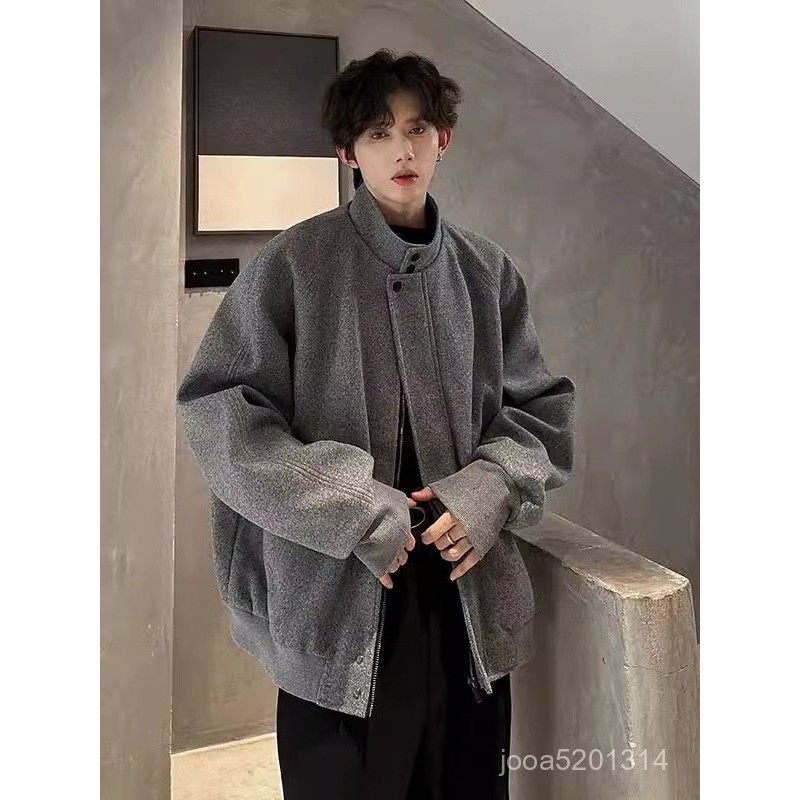 【MR.男先生】臺灣出貨 免運 男毛呢大衣 美式灰色立領毛呢外套男款秋冬痞帥呢子大衣短款韓係廓形西裝夾克 JSDS