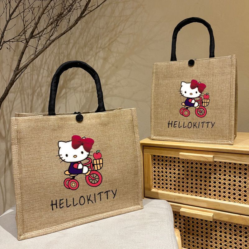 Kitty手提包✨ 帆布包包時尚麻布手提袋大容量A4紙上課裝書可愛手拎袋亞麻托特包 亞麻包包 麻布包包 凱蒂貓包包
