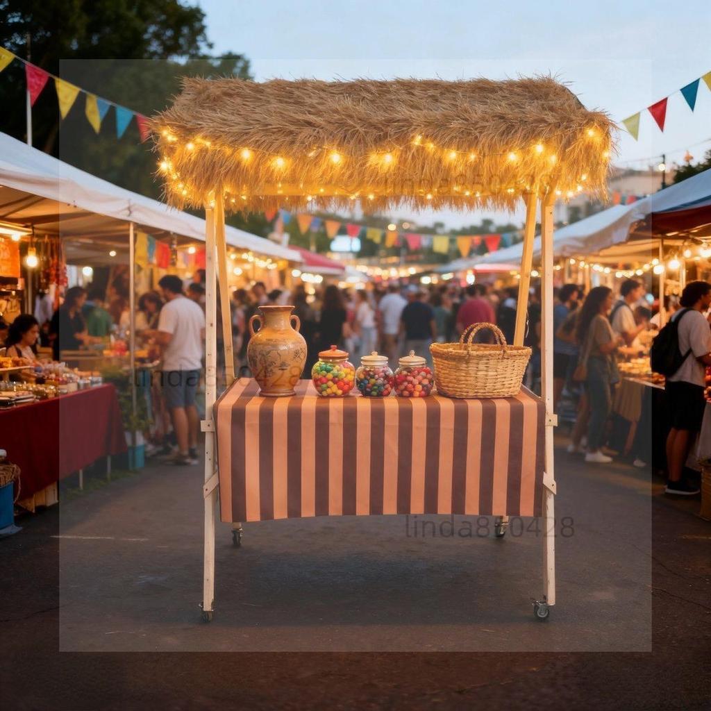 【訂金】仿茅草頂攤車 可折疊移動式攤位 夜市文創市集擺攤 防水展示架花車 一秒快速收合 便攜展示架 戶外市集景區攤位