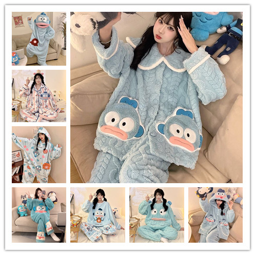 【玲瓏日記】法蘭絨醜魚漢頓睡衣 人魚漢頓睡衣  冬季可愛保暖珊瑚絨睡衣 卡通長袖家居服 冬天小丑魚毛絨睡衣