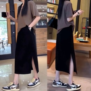 黑色半身裙 A字裙 裙子 梨形身材大碼高腰顯瘦黑色半身裙女春夏新款彈力中長款開叉A字裙 大尺碼衣服 韓版女裝 夏日服飾