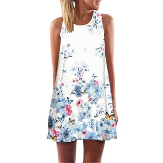 Blue Flowers Butterfly Dress Sleeveless Loose Summer Women C