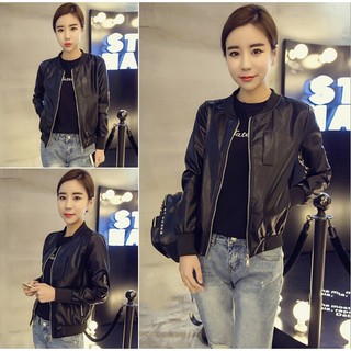 Jacket Zip Up Bomber Jacket Women New Zipper Round Neck PU L