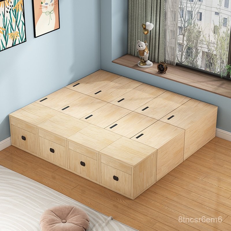 榻榻米木箱收納箱拚床儲物箱地臺大號自由組閤飄窗臥室木箱子 拚接床 收納箱 箱子 儲物箱 榻榻米箱子組閤