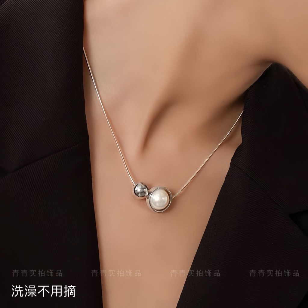 BOEY精品飾品-【鈦鋼不褪色】高顏值潮流貝珠正圓baby珠圓球蛇骨閨蜜項鍊ins風