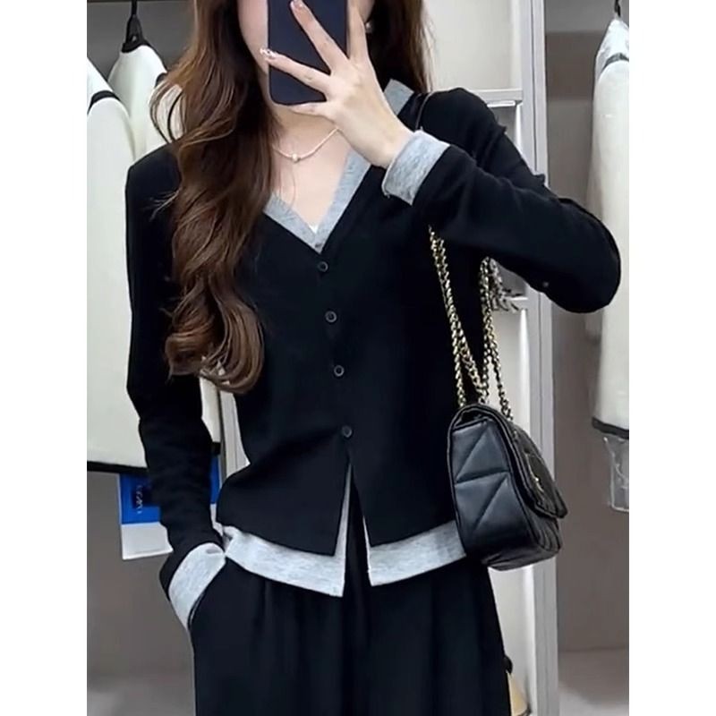 大碼女裝/秋季假兩件拼接長袖T恤女/遮肉顯瘦打底衫上衣胖mm寬鬆長袖T恤大尺碼女裝01